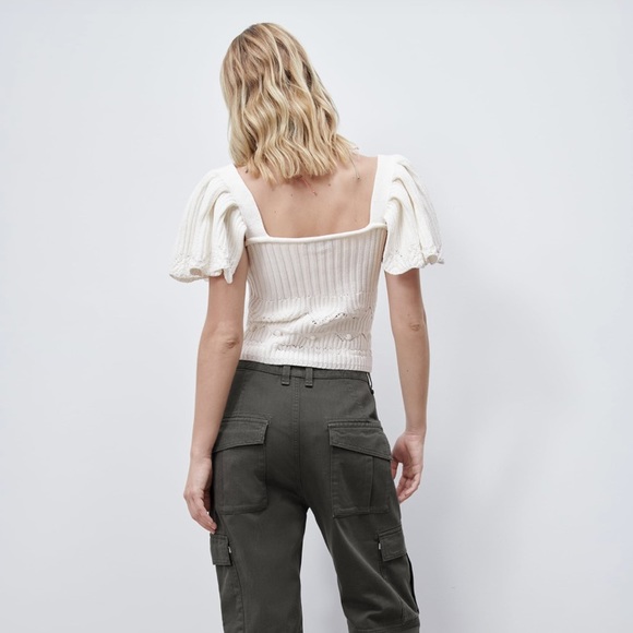 Zara White Ruffle Shoulder Puff Sleeve Knit Top - Small - Picture 2 of 13